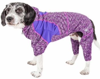 Pet Life Active 'Downward Dog' Heathered Performance 4-Way Stretch Two-Toned Full Body Warm Up Hoodie (Color: purple, size: X-Small)